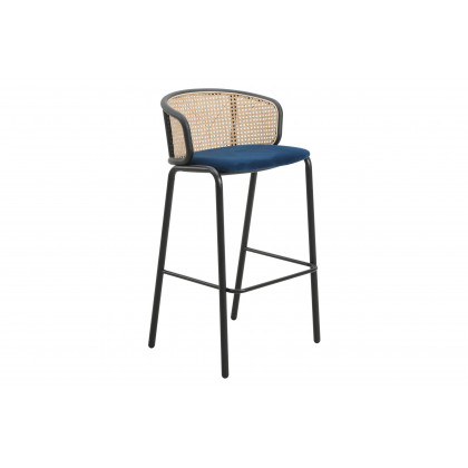 LeisureMod - Ervilla Mid-Century Modern Wicker Bar Stool with Fabric Seat and Black Powder Coated Steel Frame