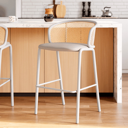 LeisureMod Ervilla Mid-Century Modern Wicker Bar Stool with Fabric Seat and White Powder Coated Steel Frame - Beige