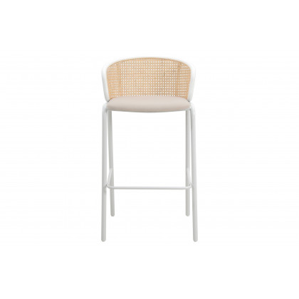 LeisureMod Ervilla Mid-Century Modern Wicker Bar Stool with Fabric Seat and White Powder Coated Steel Frame - Beige