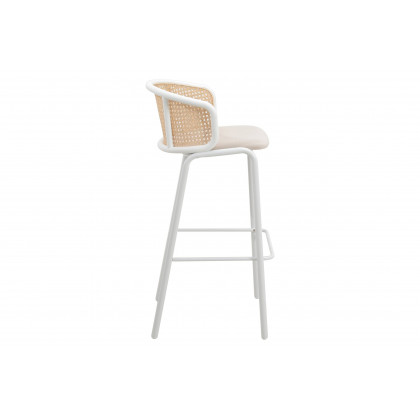 LeisureMod Ervilla Mid-Century Modern Wicker Bar Stool with Fabric Seat and White Powder Coated Steel Frame - Beige