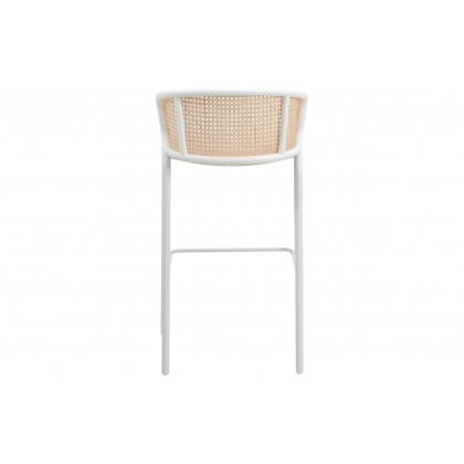 LeisureMod Ervilla Mid-Century Modern Wicker Bar Stool with Fabric Seat and White Powder Coated Steel Frame - Beige