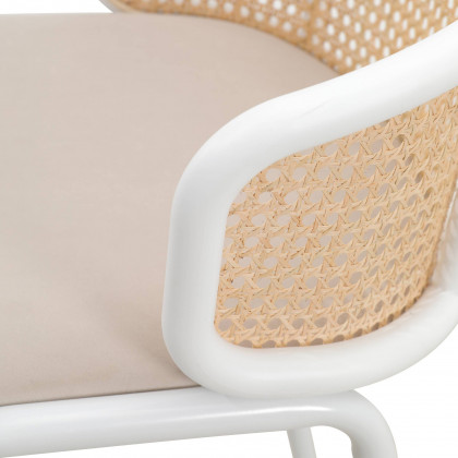 LeisureMod Ervilla Mid-Century Modern Wicker Bar Stool with Fabric Seat and White Powder Coated Steel Frame - Beige