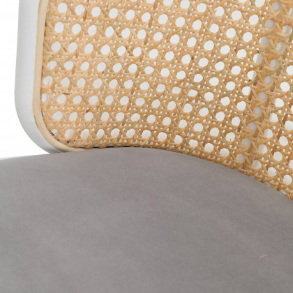 LeisureMod Ervilla Mid-Century Modern Wicker Bar Stool with Fabric Seat and White Powder Coated Steel Frame - Gray