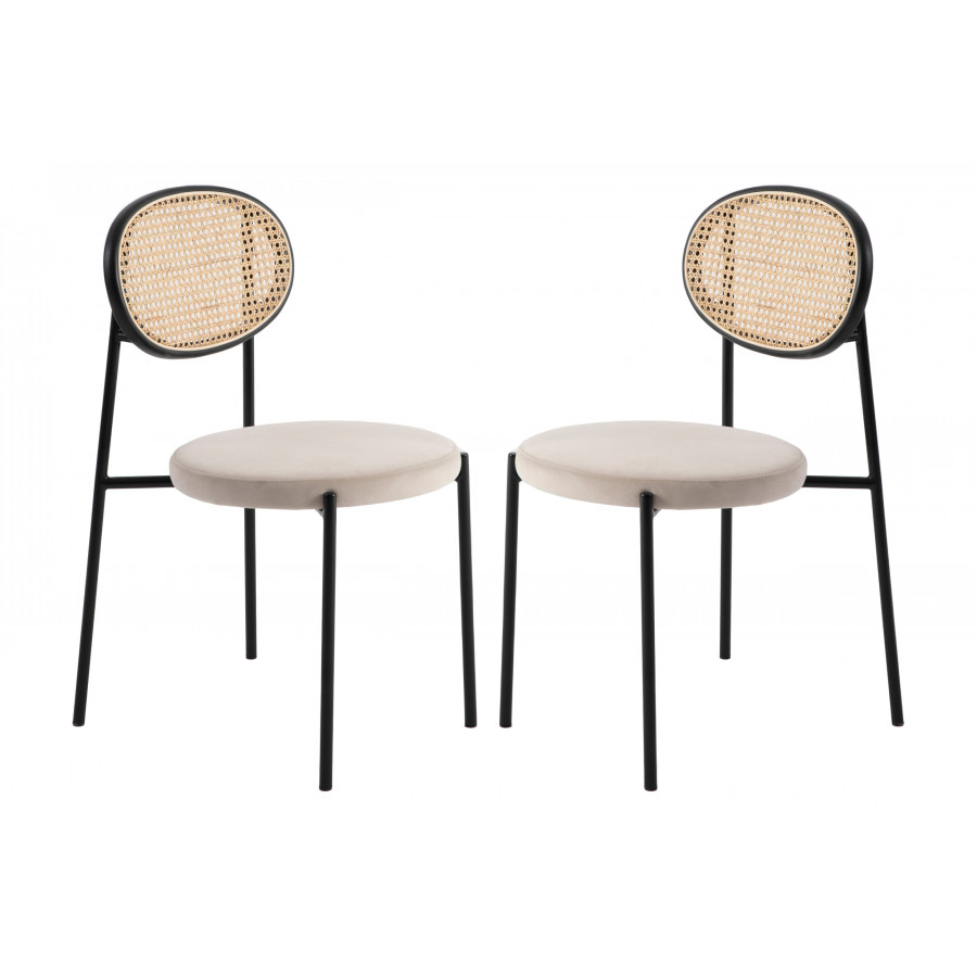 LeisureMod Euston Modern Wicker Dining Chair With Velvet Round Seat (Set Of 2) - Beige