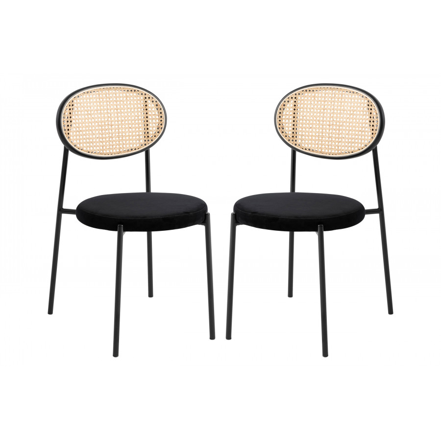 LeisureMod Euston Modern Wicker Dining Chair With Velvet Round Seat (Set Of 2) - Black
