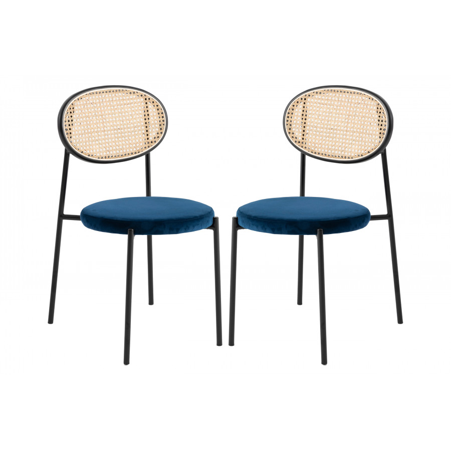 LeisureMod Euston Modern Wicker Dining Chair With Velvet Round Seat (Set Of 2) - Navy Blue