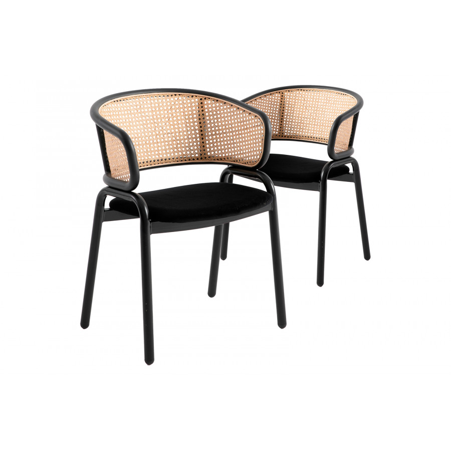 LeisureMod Ervilla Modern Dining Chair With Stainless Steel Legs Velvet Seat And Wicker Back (Set Of 2) - Black