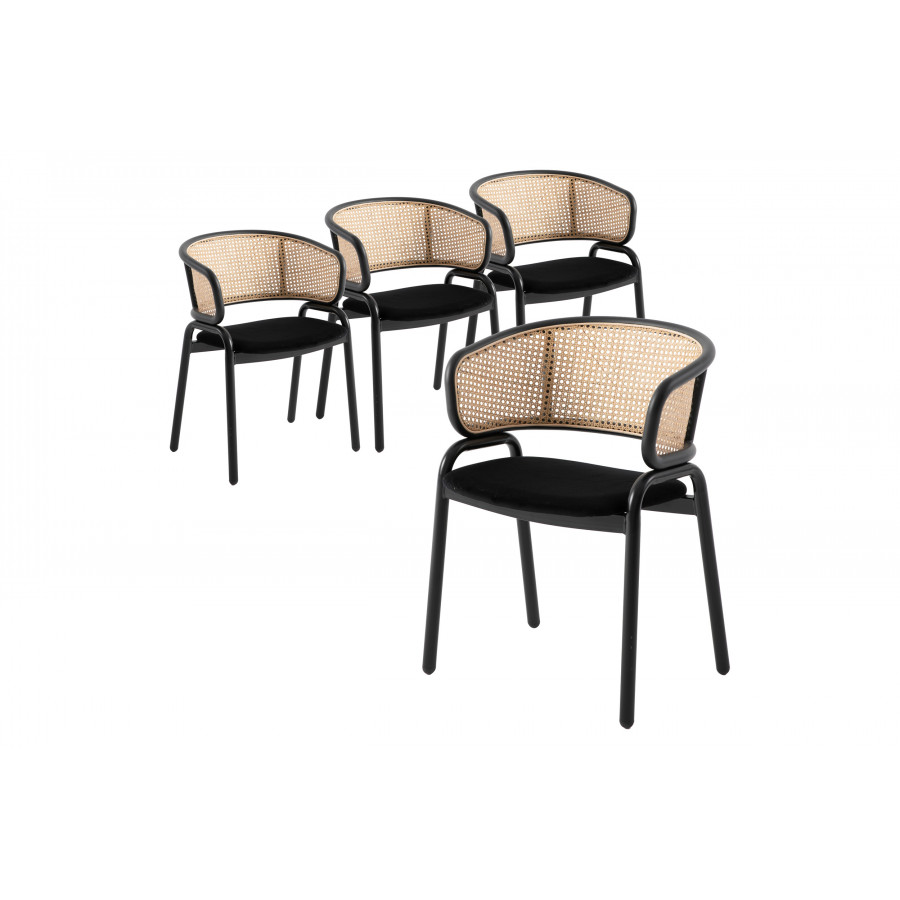 LeisureMod Ervilla Modern Dining Chair With Stainless Steel Legs Velvet Seat And Wicker Back (Set Of 4) - Black