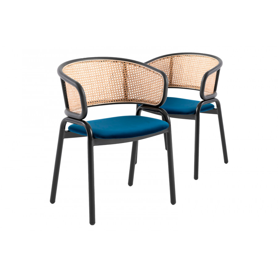 LeisureMod Ervilla Modern Dining Chair With Stainless Steel Legs Velvet Seat And Wicker Back (Set Of 2) - Navy Blue