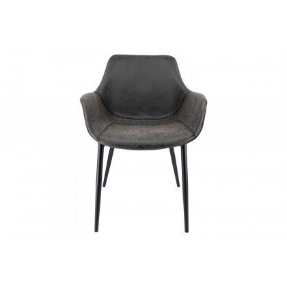LeisureMod Markley Modern Leather Dining Arm Chair with Black Metal Legs - Charcoal/Black