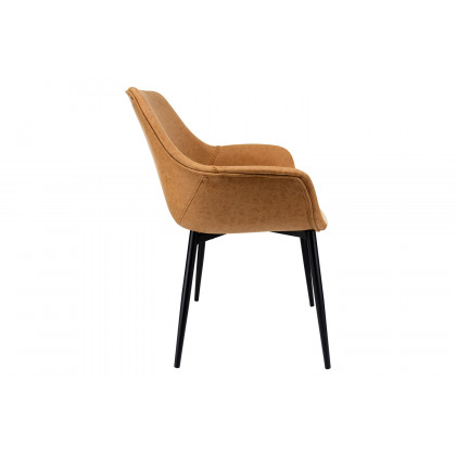 LeisureMod Markley Modern Leather Dining Arm Chair with Black Metal Legs - Light Brown