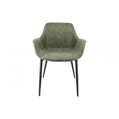 LeisureMod Markley Modern Leather Dining Arm Chair with Black Metal Legs - Olive Green