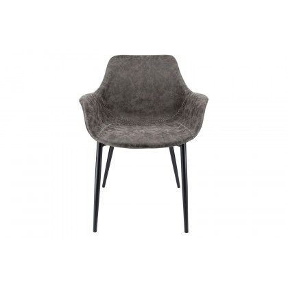LeisureMod Markley Modern Leather Dining Arm Chair with Black Metal Legs - Gray