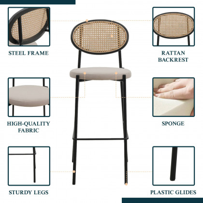 LeisureMod Euston Mid-Century Modern Wicker Bar Stool with Black Powder Coated Steel Frame and Footrest - Beige