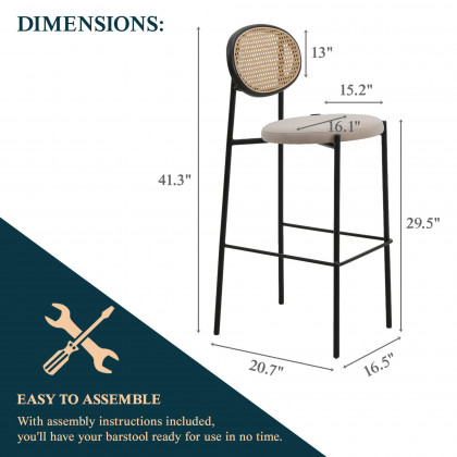 LeisureMod Euston Mid-Century Modern Wicker Bar Stool with Black Powder Coated Steel Frame and Footrest - Beige