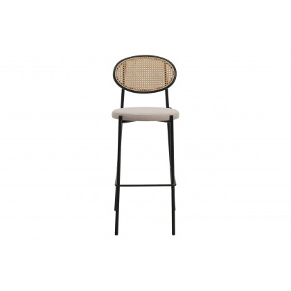 LeisureMod Euston Mid-Century Modern Wicker Bar Stool with Black Powder Coated Steel Frame and Footrest - Beige