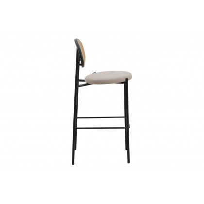LeisureMod Euston Mid-Century Modern Wicker Bar Stool with Black Powder Coated Steel Frame and Footrest - Beige