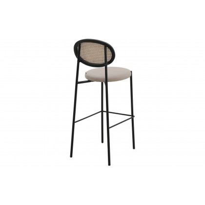 LeisureMod Euston Mid-Century Modern Wicker Bar Stool with Black Powder Coated Steel Frame and Footrest - Beige