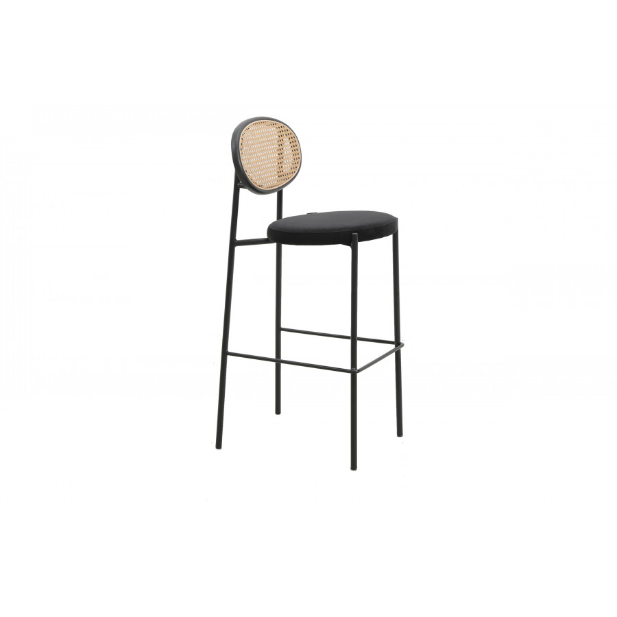 LeisureMod Euston Mid-Century Modern Wicker Bar Stool with Black Powder Coated Steel Frame and Footrest - Black