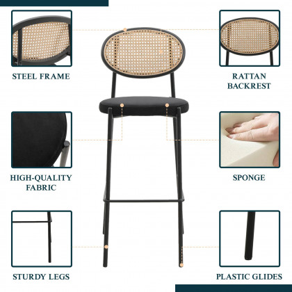LeisureMod Euston Mid-Century Modern Wicker Bar Stool with Black Powder Coated Steel Frame and Footrest - Black
