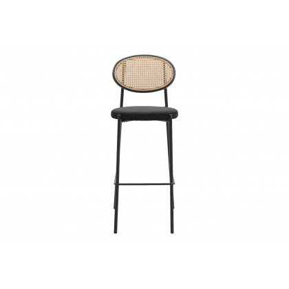 LeisureMod Euston Mid-Century Modern Wicker Bar Stool with Black Powder Coated Steel Frame and Footrest - Black