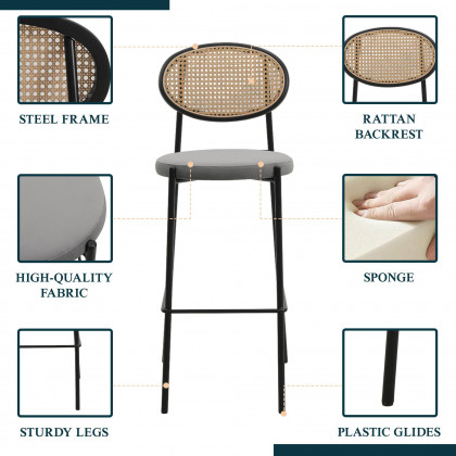 LeisureMod Euston Mid-Century Modern Wicker Bar Stool with Black Powder Coated Steel Frame and Footrest - Gray