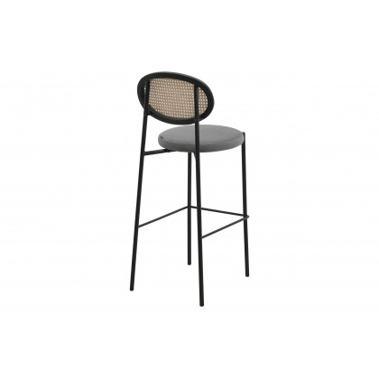 LeisureMod Euston Mid-Century Modern Wicker Bar Stool with Black Powder Coated Steel Frame and Footrest - Gray