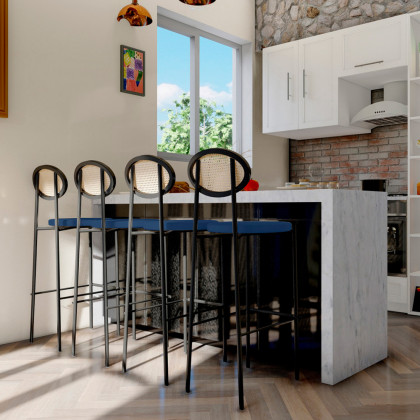 LeisureMod Euston Mid-Century Modern Wicker Bar Stool with Black Powder Coated Steel Frame and Footrest - Navy Blue