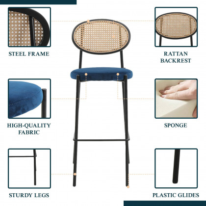 LeisureMod Euston Mid-Century Modern Wicker Bar Stool with Black Powder Coated Steel Frame and Footrest - Navy Blue