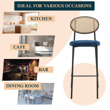 LeisureMod Euston Mid-Century Modern Wicker Bar Stool with Black Powder Coated Steel Frame and Footrest - Navy Blue