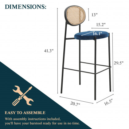 LeisureMod Euston Mid-Century Modern Wicker Bar Stool with Black Powder Coated Steel Frame and Footrest - Navy Blue