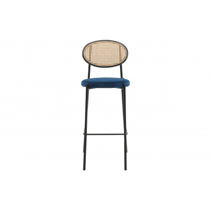 LeisureMod Euston Mid-Century Modern Wicker Bar Stool with Black Powder Coated Steel Frame and Footrest - Navy Blue