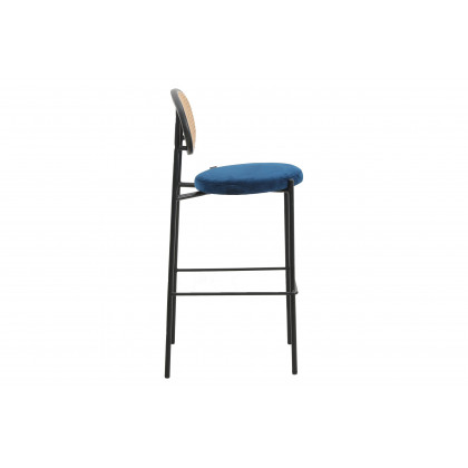 LeisureMod Euston Mid-Century Modern Wicker Bar Stool with Black Powder Coated Steel Frame and Footrest - Navy Blue