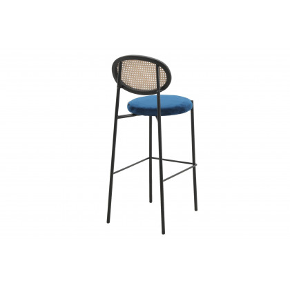 LeisureMod Euston Mid-Century Modern Wicker Bar Stool with Black Powder Coated Steel Frame and Footrest - Navy Blue