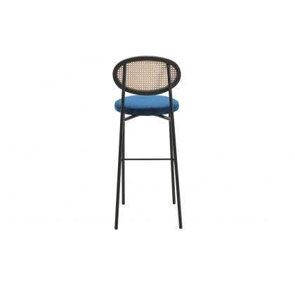 LeisureMod Euston Mid-Century Modern Wicker Bar Stool with Black Powder Coated Steel Frame and Footrest - Navy Blue