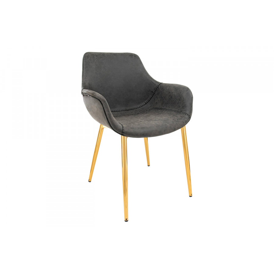 LeisureMod Markley Modern Leather Dining Arm Chair with Gold Metal Legs - Charcoal/Black