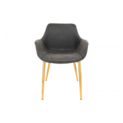 LeisureMod Markley Modern Leather Dining Arm Chair with Gold Metal Legs - Charcoal/Black