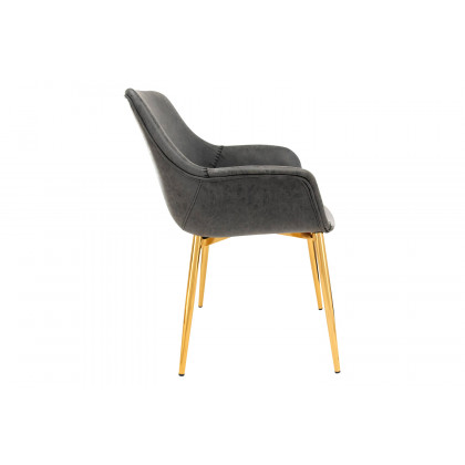 LeisureMod Markley Modern Leather Dining Arm Chair with Gold Metal Legs - Charcoal/Black
