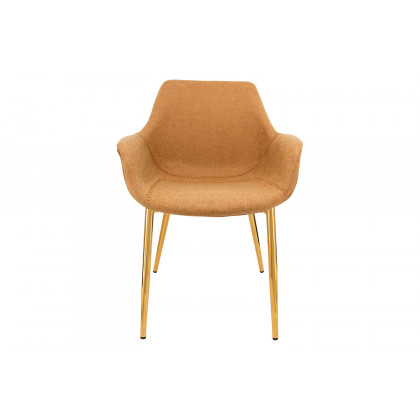 LeisureMod Markley Modern Leather Dining Arm Chair with Gold Metal Legs - Light Brown