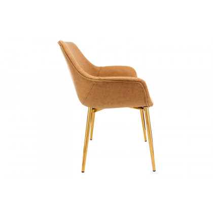 LeisureMod Markley Modern Leather Dining Arm Chair with Gold Metal Legs - Light Brown