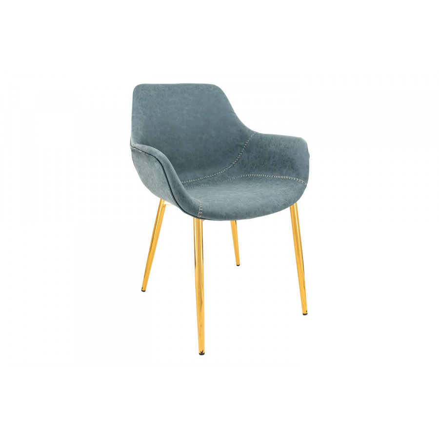 LeisureMod Markley Modern Leather Dining Arm Chair with Gold Metal Legs - Peacock/Blue