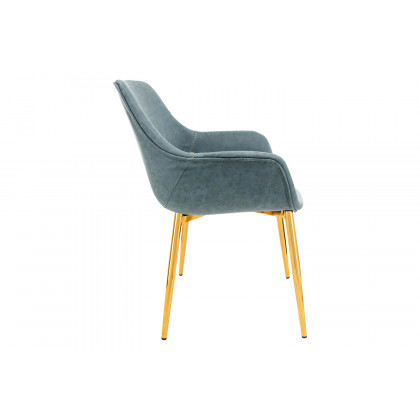LeisureMod Markley Modern Leather Dining Arm Chair with Gold Metal Legs - Peacock/Blue
