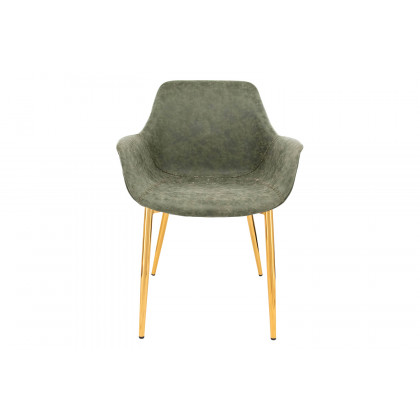 LeisureMod Markley Modern Leather Dining Arm Chair with Gold Metal Legs - Olive Green