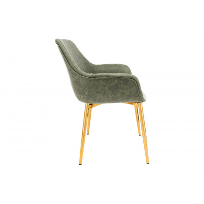 LeisureMod Markley Modern Leather Dining Arm Chair with Gold Metal Legs - Olive Green