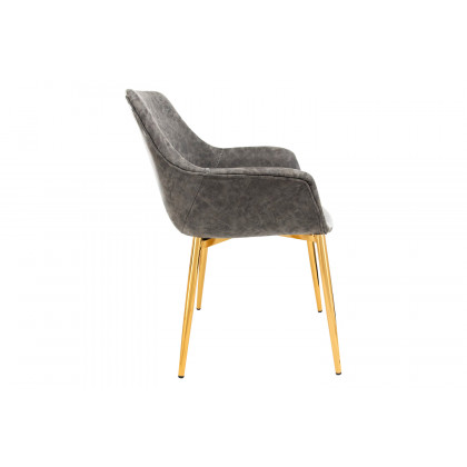 LeisureMod Markley Modern Leather Dining Arm Chair with Gold Metal Legs - Gray