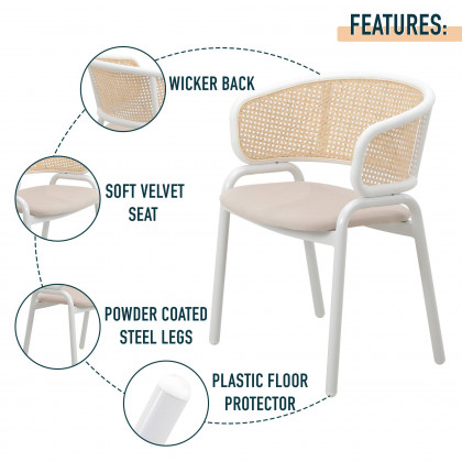 LeisureMod - Ervilla Modern Dining Armchair with White Powder Coated Steel Legs and Wicker Back