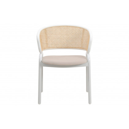 LeisureMod Ervilla Modern Dining Armchair with White Powder Coated Steel Legs and Wicker Back - Beige
