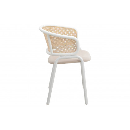 LeisureMod Ervilla Modern Dining Armchair with White Powder Coated Steel Legs and Wicker Back - Beige