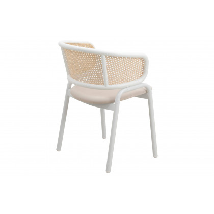 LeisureMod Ervilla Modern Dining Armchair with White Powder Coated Steel Legs and Wicker Back - Beige