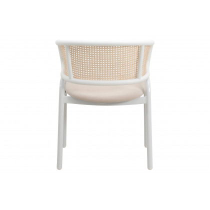 LeisureMod Ervilla Modern Dining Armchair with White Powder Coated Steel Legs and Wicker Back - Beige